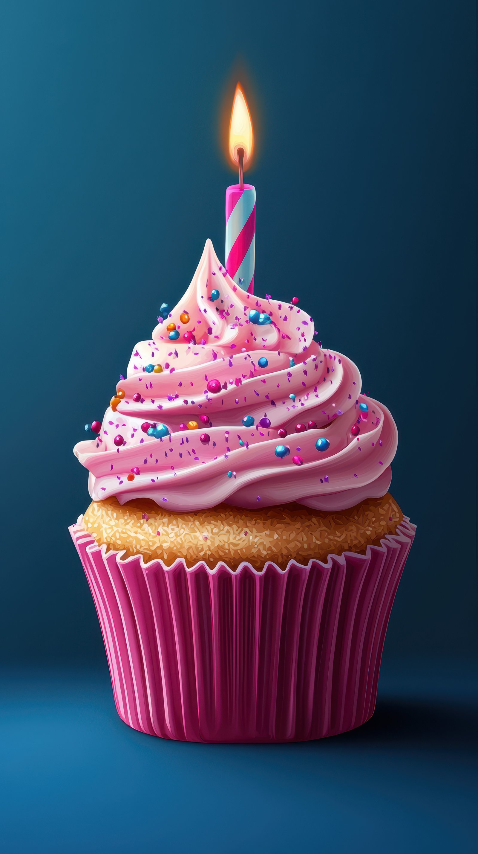 Colorful cupcake with a lit candle and sprinkles on a blue background celebrating a special occasion